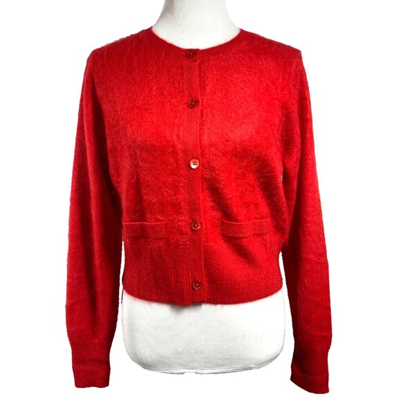 J.Crew Brushed Cashmere Cropped Cardigan Sweater Size M Holiday Red Button front - Picture 1 of 9
